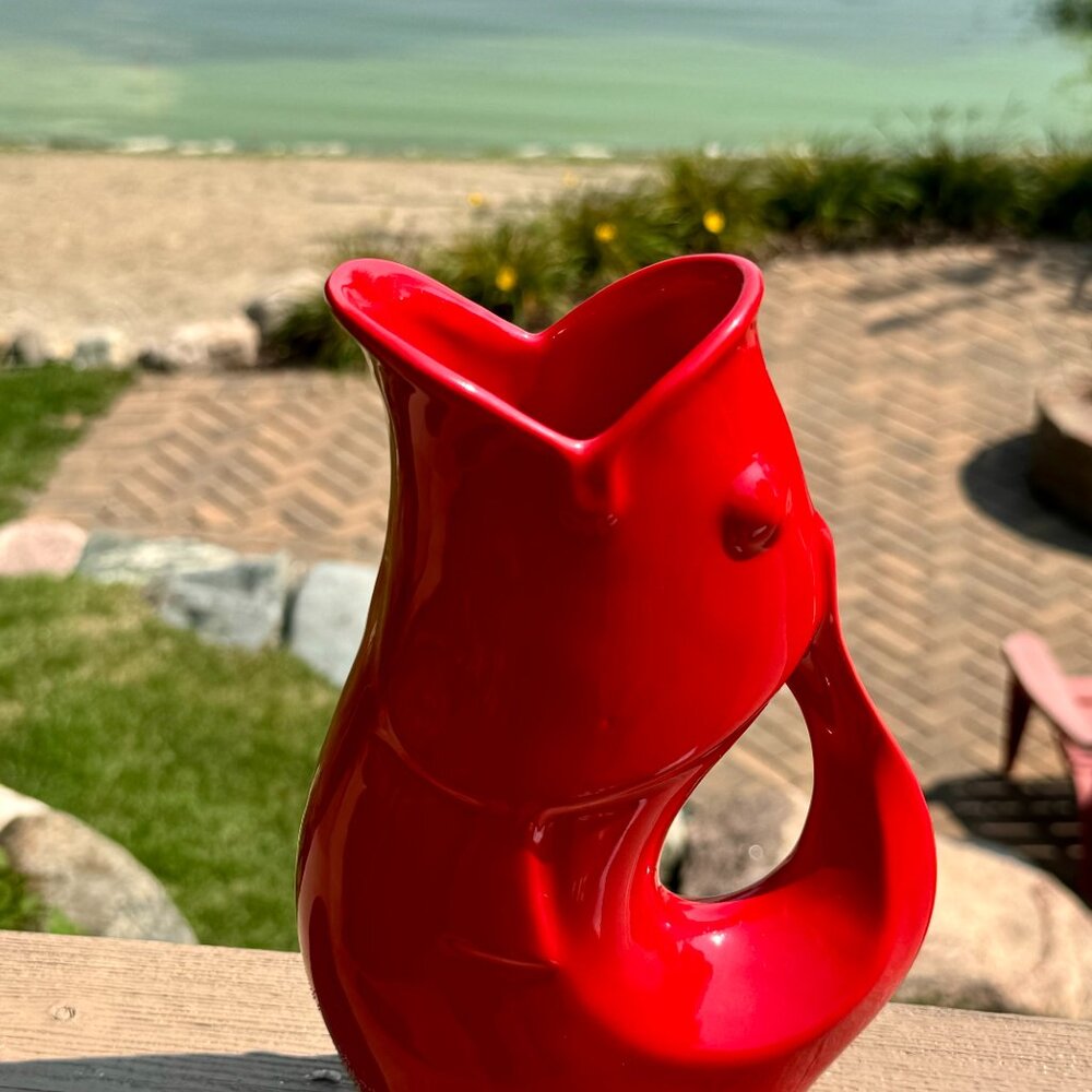 Red Gurgling Fish Pitcher- Ceramic, 24 ounces. also available in White & Blue
